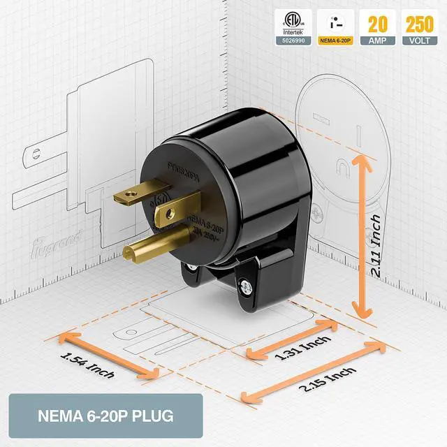 Alt view image 4 of 7 - Nema 6-20P 20A 250V Plug, Plugrand ETL Listed 6-20P T-Blade Industrial Plug | Easy Assembly 20Amp 250Volt USA Canada 3-Prong Male Angled Adapter, 12-Directions Rotatable Connector, Black