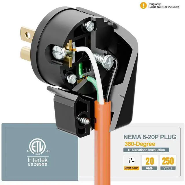 Alt view image 7 of 7 - Nema 6-20P 20A 250V Plug, Plugrand ETL Listed 6-20P T-Blade Industrial Plug | Easy Assembly 20Amp 250Volt USA Canada 3-Prong Male Angled Adapter, 12-Directions Rotatable Connector, Black