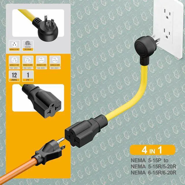 Alt view image 3 of 7 - Heavy Duty 4 in 1 NEMA 5-15P Adapter Cord 12AWG, Plugrand NEMA 5-15P to 5-15R, 5-20R, 6-15R, 6-20R Adapter Cable, 15A/125V Household AC Plug to 20 Amp T Blade Extension Cable