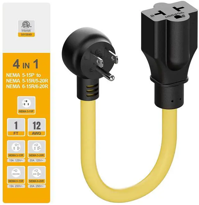 Alt view image 5 of 7 - Heavy Duty 4 in 1 NEMA 5-15P Adapter Cord 12AWG, Plugrand NEMA 5-15P to 5-15R, 5-20R, 6-15R, 6-20R Adapter Cable, 15A/125V Household AC Plug to 20 Amp T Blade Extension Cable