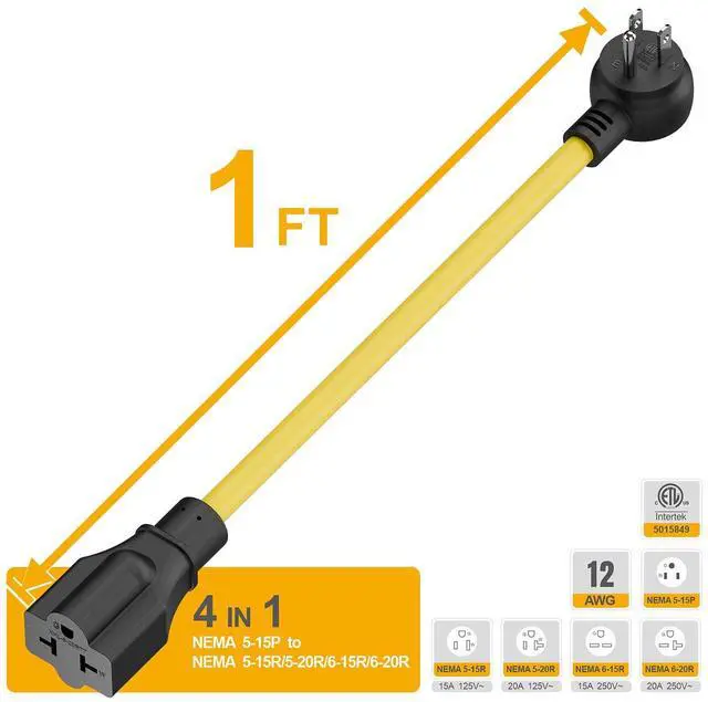 Alt view image 2 of 7 - Heavy Duty 4 in 1 NEMA 5-15P Adapter Cord 12AWG, Plugrand NEMA 5-15P to 5-15R, 5-20R, 6-15R, 6-20R Adapter Cable, 15A/125V Household AC Plug to 20 Amp T Blade Extension Cable