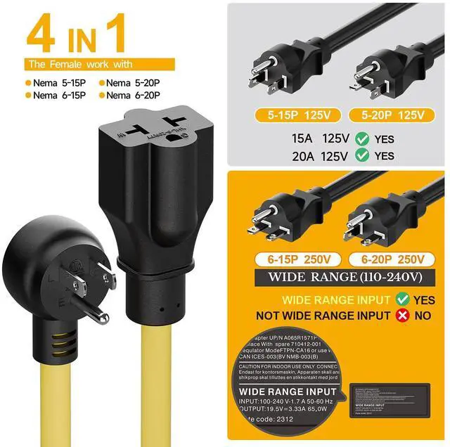 Alt view image 4 of 7 - Heavy Duty 4 in 1 NEMA 5-15P Adapter Cord 12AWG, Plugrand NEMA 5-15P to 5-15R, 5-20R, 6-15R, 6-20R Adapter Cable, 15A/125V Household AC Plug to 20 Amp T Blade Extension Cable