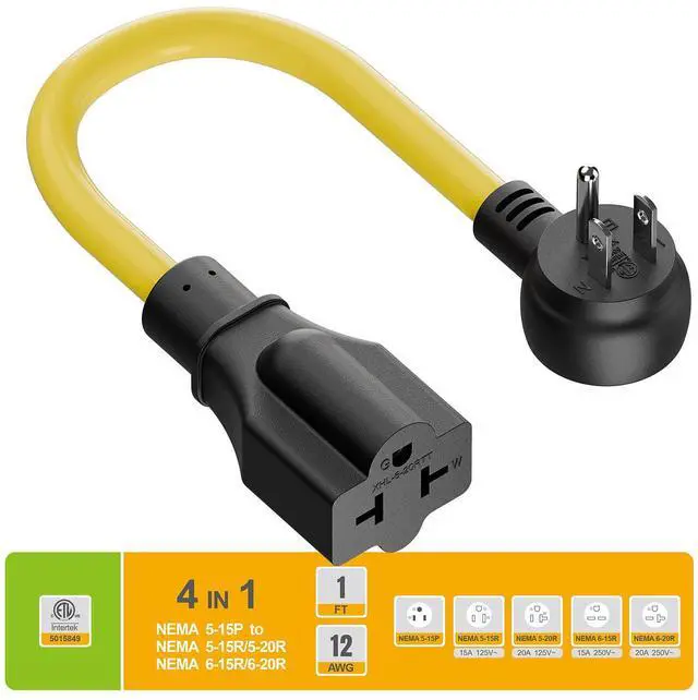 Alt view image 6 of 7 - Heavy Duty 4 in 1 NEMA 5-15P Adapter Cord 12AWG, Plugrand NEMA 5-15P to 5-15R, 5-20R, 6-15R, 6-20R Adapter Cable, 15A/125V Household AC Plug to 20 Amp T Blade Extension Cable