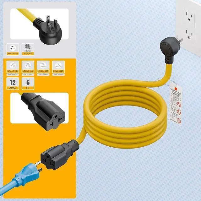 Alt view image 3 of 7 - Indoor/Outdoor Extension Cord, Plugrand Angled 4 in 1 3 Prong Power Cord | 6FT NEMA 5-15P to 5-15R, 5-20R, 6-15R, 6-20R Adapter Cable, Heavy Duty, SJTW 12-AWG, 15A Household Plug to 20A T Blade Cable