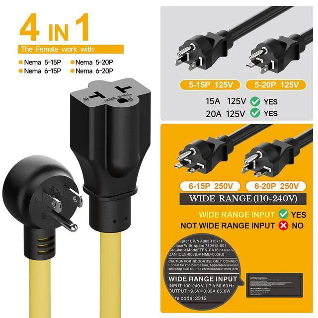 Alt view image 4 of 7 - Indoor/Outdoor Extension Cord, Plugrand Angled 4 in 1 3 Prong Power Cord | 6FT NEMA 5-15P to 5-15R, 5-20R, 6-15R, 6-20R Adapter Cable, Heavy Duty, SJTW 12-AWG, 15A Household Plug to 20A T Blade Cable