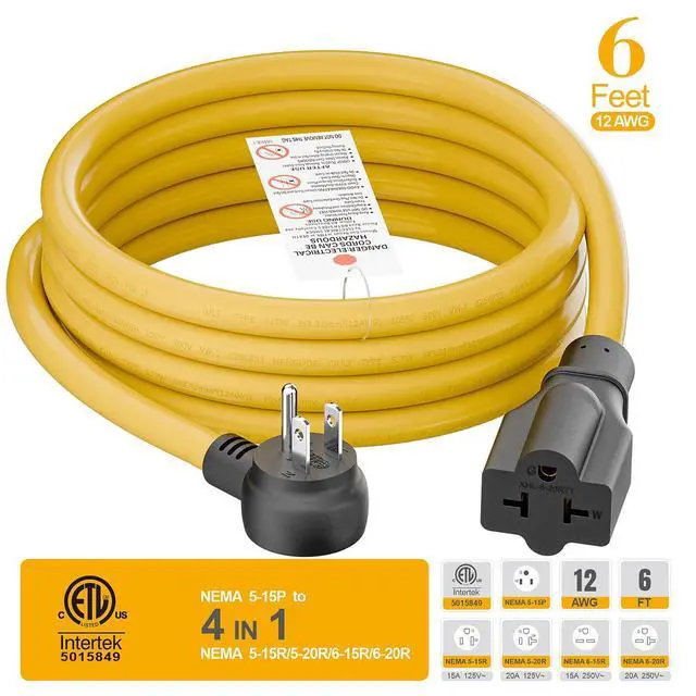 Alt view image 6 of 7 - Indoor/Outdoor Extension Cord, Plugrand Angled 4 in 1 3 Prong Power Cord | 6FT NEMA 5-15P to 5-15R, 5-20R, 6-15R, 6-20R Adapter Cable, Heavy Duty, SJTW 12-AWG, 15A Household Plug to 20A T Blade Cable