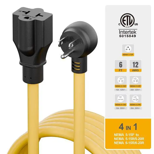 Alt view image 7 of 7 - Indoor/Outdoor Extension Cord, Plugrand Angled 4 in 1 3 Prong Power Cord | 6FT NEMA 5-15P to 5-15R, 5-20R, 6-15R, 6-20R Adapter Cable, Heavy Duty, SJTW 12-AWG, 15A Household Plug to 20A T Blade Cable