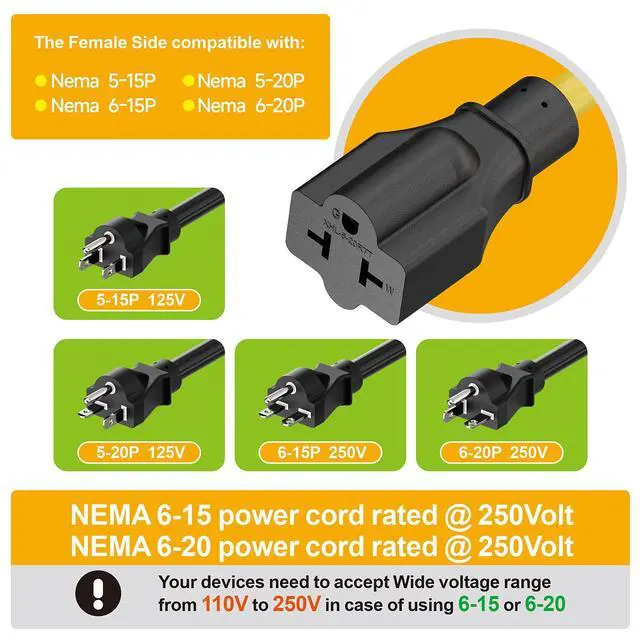 Alt view image 5 of 7 - Indoor/Outdoor Extension Cord, Plugrand Angled 4 in 1 3 Prong Power Cord | 6FT NEMA 5-15P to 5-15R, 5-20R, 6-15R, 6-20R Adapter Cable, Heavy Duty, SJTW 12-AWG, 15A Household Plug to 20A T Blade Cable