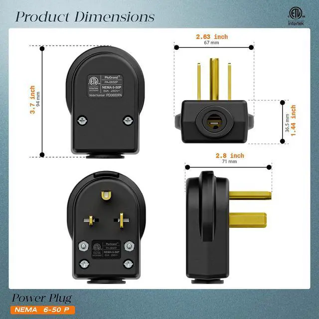 Alt view image 2 of 7 - (2PACK) NEMA 6-50P Plug,6-50P 50A/250V Welder Male Plugs, (ETL Certified) 50Amp 250Volt Cord End Connector for Welders & Driers, Heavy Duty Welder 3-Prong, Black