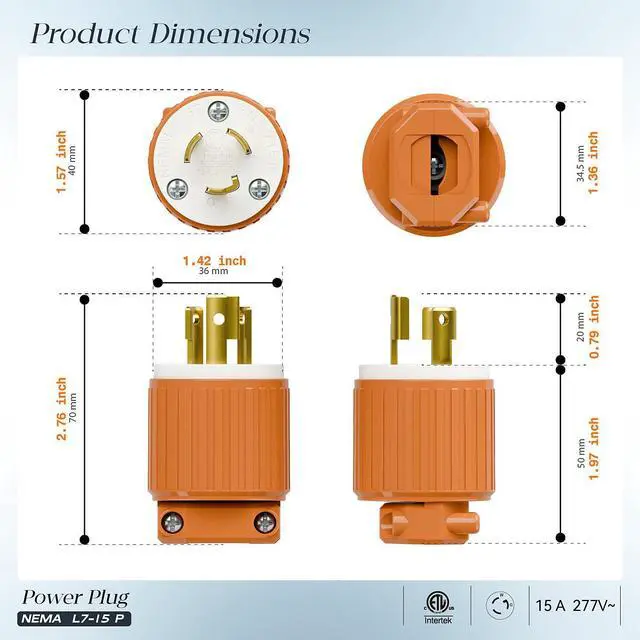 Alt view image 2 of 7 - 2PACK NEMA L7-15P Locking Plug, (ETL Listed) Cord End Connector, Twist Lock L7-15 15Amp 277Volt Female AC Connector, Industrial Grade 15A 277V Replacement Plugs PDL715P Orange