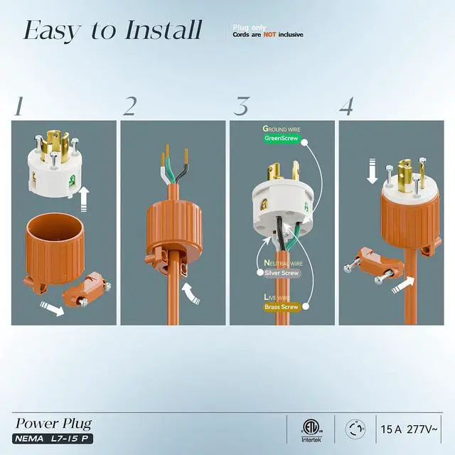 Alt view image 3 of 7 - 2PACK NEMA L7-15P Locking Plug, (ETL Listed) Cord End Connector, Twist Lock L7-15 15Amp 277Volt Female AC Connector, Industrial Grade 15A 277V Replacement Plugs PDL715P Orange