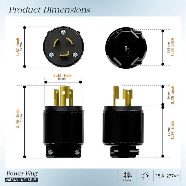Alt view image 2 of 7 - 2PACK NEMA L7-15P Locking Plug, (ETL Listed) Cord End Connector, Twist Lock L7-15 15Amp 277Volt Female AC Connector, Industrial Grade 15A 277V Replacement Plugs PDL715P Black