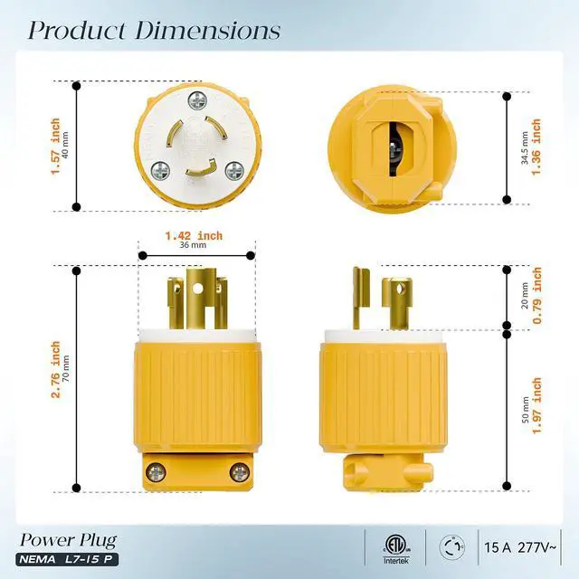 Alt view image 2 of 7 - NEMA L7-15P Locking Plug, (ETL Listed) Cord End Connector, Twist Lock L7-15 15Amp 277Volt Female AC Connector, Industrial Grade 15A 277V Replacement Plugs PDL715P Yellow