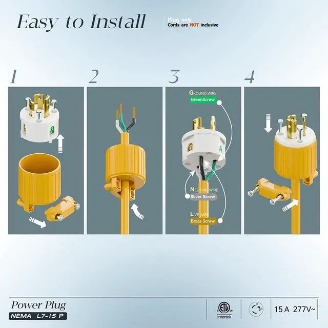 Alt view image 3 of 7 - NEMA L7-15P Locking Plug, (ETL Listed) Cord End Connector, Twist Lock L7-15 15Amp 277Volt Female AC Connector, Industrial Grade 15A 277V Replacement Plugs PDL715P Yellow