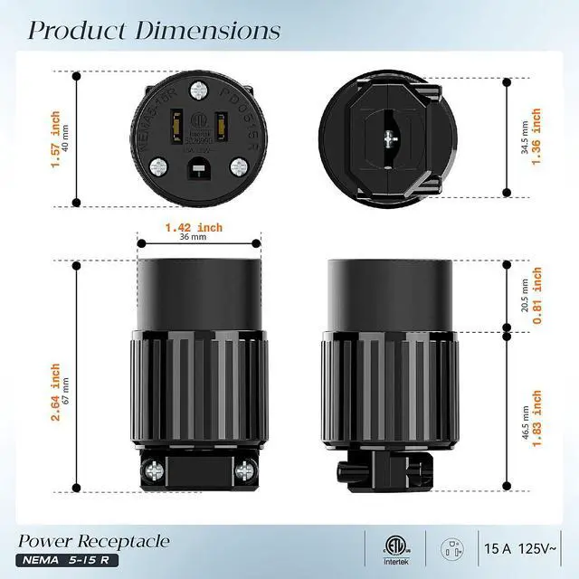 Alt view image 2 of 7 - (3PACK) Nema 5-15R/5-15C Female Socket, Plurand ETL Listed 15AMP/125VOLT | 15A Straight DIY Receptacle, USA Canada 3-Prong Connector, 15A Household AC Industrial Grade Cord End Socket Full Black