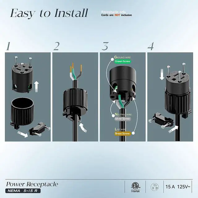 Alt view image 3 of 7 - (3PACK) Nema 5-15R/5-15C Female Socket, Plurand ETL Listed 15AMP/125VOLT | 15A Straight DIY Receptacle, USA Canada 3-Prong Connector, 15A Household AC Industrial Grade Cord End Socket Full Black