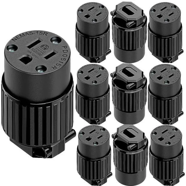 Main image of (10PACK) Nema 5-15R/5-15C Female Socket, Plugrand ETL Listed 15A 125V Plug | 15A Straight DIY Receptacle, USA Canada 3-Prong Connector, 15A Household AC Industrial Grade Cord End Socket Full Black