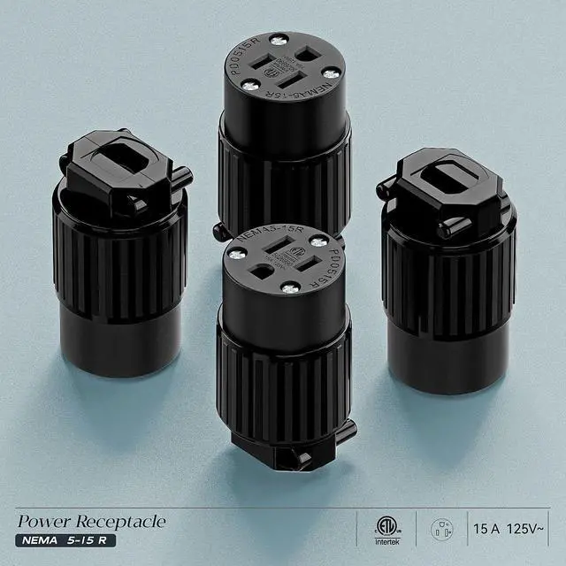 Alt view image 7 of 7 - (3PACK) Nema 5-15R/5-15C Female Socket, Plurand ETL Listed 15AMP/125VOLT | 15A Straight DIY Receptacle, USA Canada 3-Prong Connector, 15A Household AC Industrial Grade Cord End Socket Full Black
