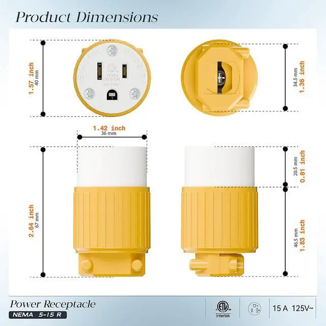 Alt view image 2 of 7 - (3PACK) Nema 5-15R/5-15C Female Socket, Plugrand ETL Listed 15A 125V Plug | 15A Straight DIY Receptacle, USA Canada 3-Prong Connector, 15A Household AC Industrial Grade Cord End Socket Yellow