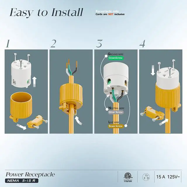 Alt view image 3 of 7 - (3PACK) Nema 5-15R/5-15C Female Socket, Plugrand ETL Listed 15A 125V Plug | 15A Straight DIY Receptacle, USA Canada 3-Prong Connector, 15A Household AC Industrial Grade Cord End Socket Yellow
