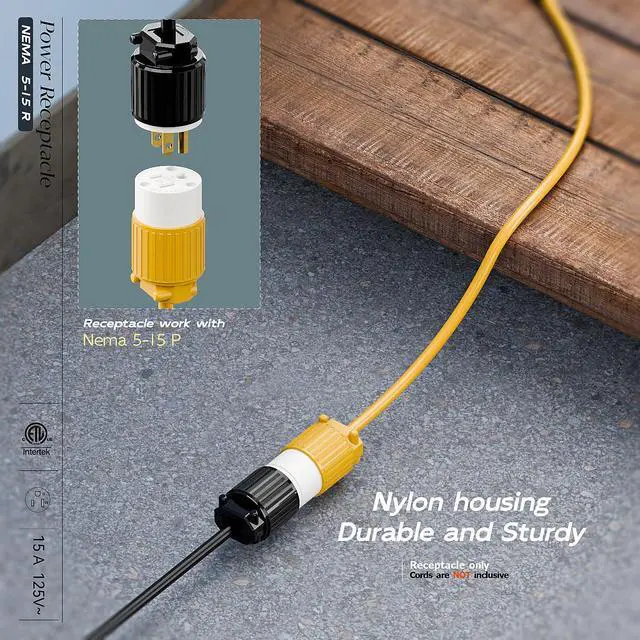 Alt view image 6 of 7 - (3PACK) Nema 5-15R/5-15C Female Socket, Plugrand ETL Listed 15A 125V Plug | 15A Straight DIY Receptacle, USA Canada 3-Prong Connector, 15A Household AC Industrial Grade Cord End Socket Yellow