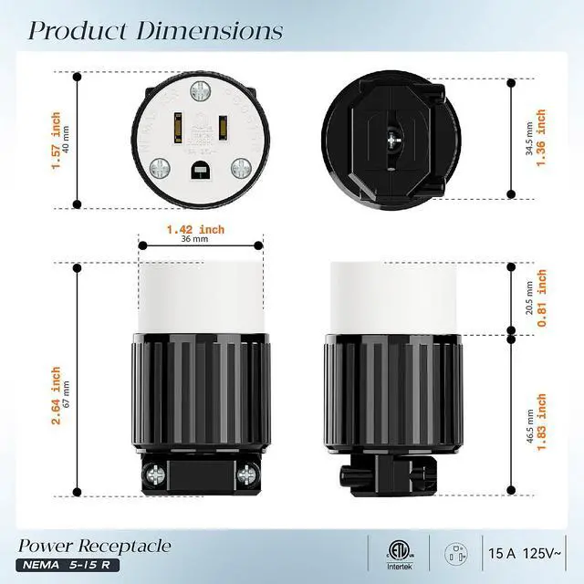 Alt view image 2 of 7 - (10PACK) Nema 5-15R/5-15C Female Socket, Plugrand ETL Listed 15AMP/125VOLT | 15A Straight DIY Receptacle, USA Canada 3-Prong Connector, 15A Household AC Industrial Grade Cord End Socket Black/White