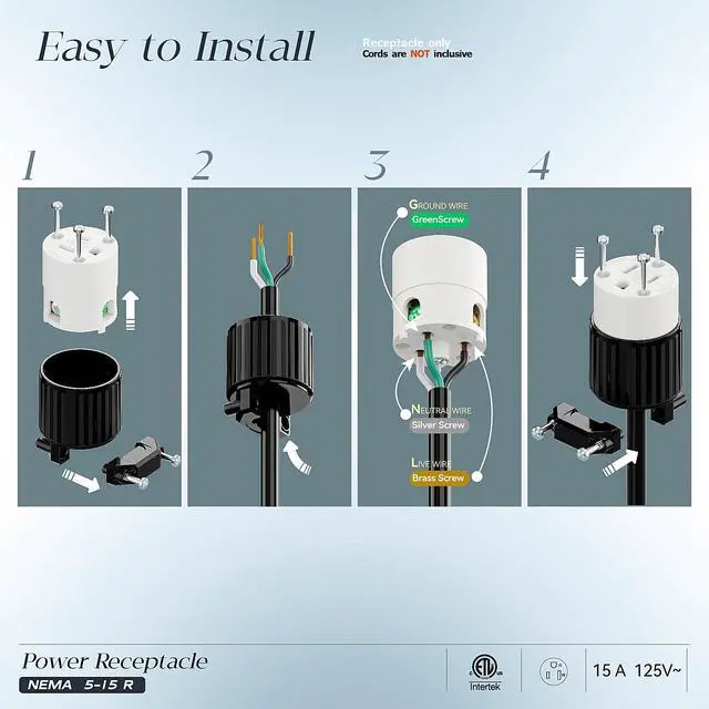 Alt view image 3 of 7 - (10PACK) Nema 5-15R/5-15C Female Socket, Plugrand ETL Listed 15AMP/125VOLT | 15A Straight DIY Receptacle, USA Canada 3-Prong Connector, 15A Household AC Industrial Grade Cord End Socket Black/White