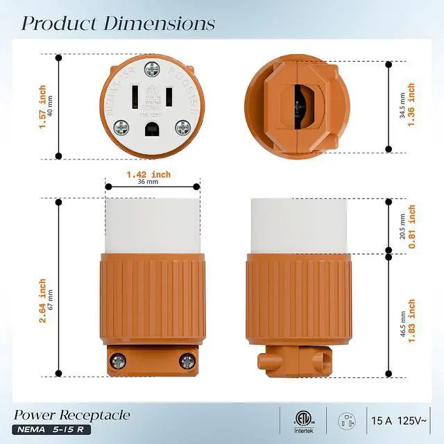 Alt view image 2 of 7 - (10PACK) Nema 5-15R/5-15C Female Socket, Plugrand ETL Listed 15AMP/125VOLT | 15A Straight DIY Receptacle, USA Canada 3-Prong Connector, 15A Household AC Industrial Grade Cord End Socket Orange Color