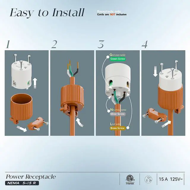 Alt view image 3 of 7 - (10PACK) Nema 5-15R/5-15C Female Socket, Plugrand ETL Listed 15AMP/125VOLT | 15A Straight DIY Receptacle, USA Canada 3-Prong Connector, 15A Household AC Industrial Grade Cord End Socket Orange Color