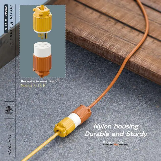 Alt view image 6 of 7 - (10PACK) Nema 5-15R/5-15C Female Socket, Plugrand ETL Listed 15AMP/125VOLT | 15A Straight DIY Receptacle, USA Canada 3-Prong Connector, 15A Household AC Industrial Grade Cord End Socket Orange Color
