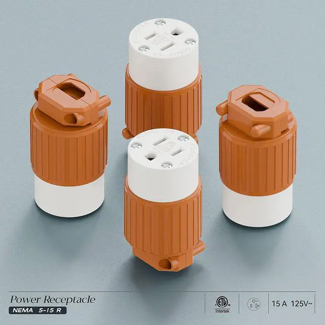 Alt view image 7 of 7 - (10PACK) Nema 5-15R/5-15C Female Socket, Plugrand ETL Listed 15AMP/125VOLT | 15A Straight DIY Receptacle, USA Canada 3-Prong Connector, 15A Household AC Industrial Grade Cord End Socket Orange Color