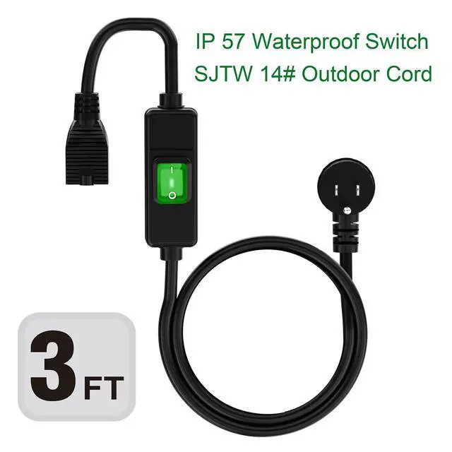 Alt view image 2 of 4 - Right Angle 5-15P to 5-15R Extension Switch Cord 3FT | SJTW 14AWG 3C IP57 Waterproof, in-Line On/Off Switch Extension Cord, Max.20A 125V Heavy Duty Inline Switch