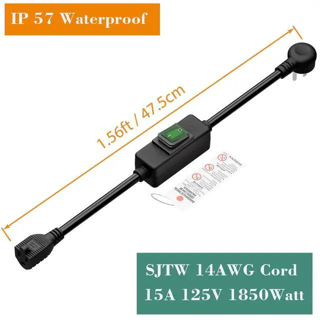 Alt view image 2 of 5 - Right Angle Outdoor Waterproof 5-15P to 5-15R Extension Switch Cord | JTW 14AWG 3C IP57 Waterproof, in-Line On/Off Switch Extension CordS, Max.20A 125V Heavy Duty Inline Switch1.5FT