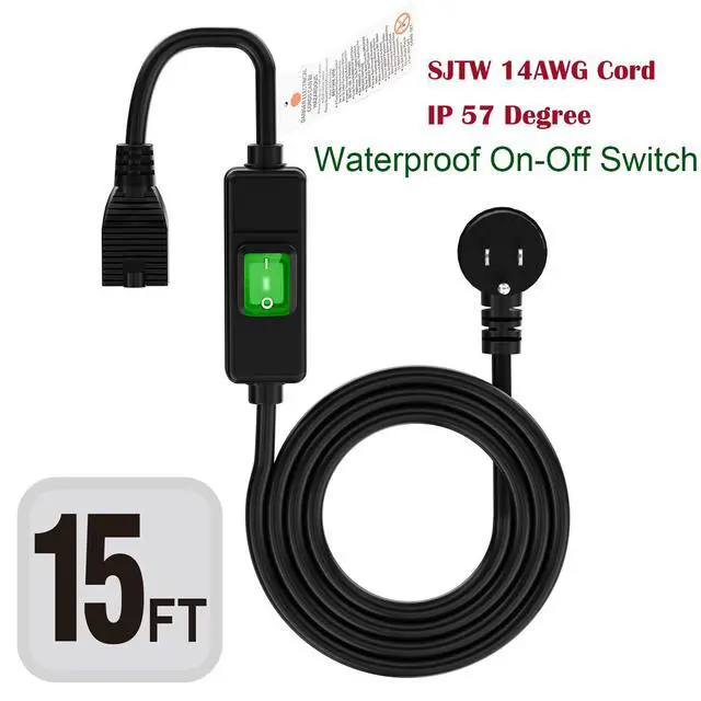 Alt view image 2 of 6 - Right Angle Outdoor Waterproof 3 Prong Extension Switch Cord 15FT | SJTW 14AWG 3C IP57 Waterproof, in-Line On/Off Switch Extension Cord, Max.20A 125V Heavy Duty Inline Switch