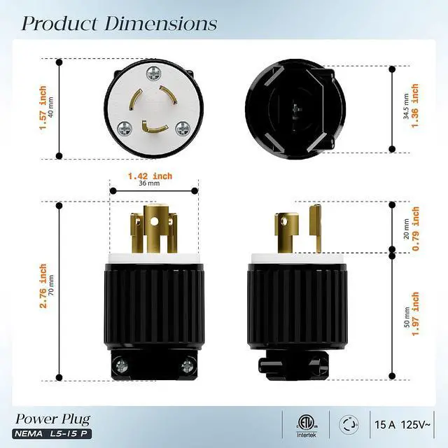 Alt view image 2 of 7 - 10Pack NEMA L5-15P Locking Plug, Twist Lock Male 15Amp 125Volt Generator Plugs, Industrial Grade Lock in Male 15A/125V Connector, ETL Listed Heavy Duty Plug for Generators Black/White Color