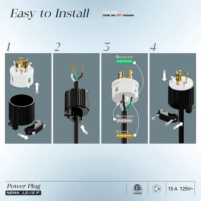 Alt view image 3 of 7 - 10Pack NEMA L5-15P Locking Plug, Twist Lock Male 15Amp 125Volt Generator Plugs, Industrial Grade Lock in Male 15A/125V Connector, ETL Listed Heavy Duty Plug for Generators Black/White Color