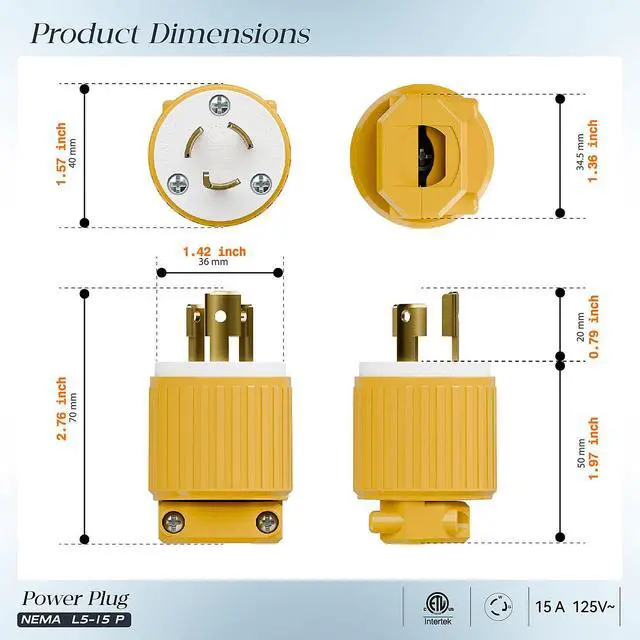 Alt view image 2 of 7 - 10PACK NEMA L5-15P Locking Plug, Twist Lock Male 15A 125V Generator Plugs | Industrial Grade Lock in Male 15A/125V Connector, ETL Listed Heavy Duty Plug for Generators, Yellow