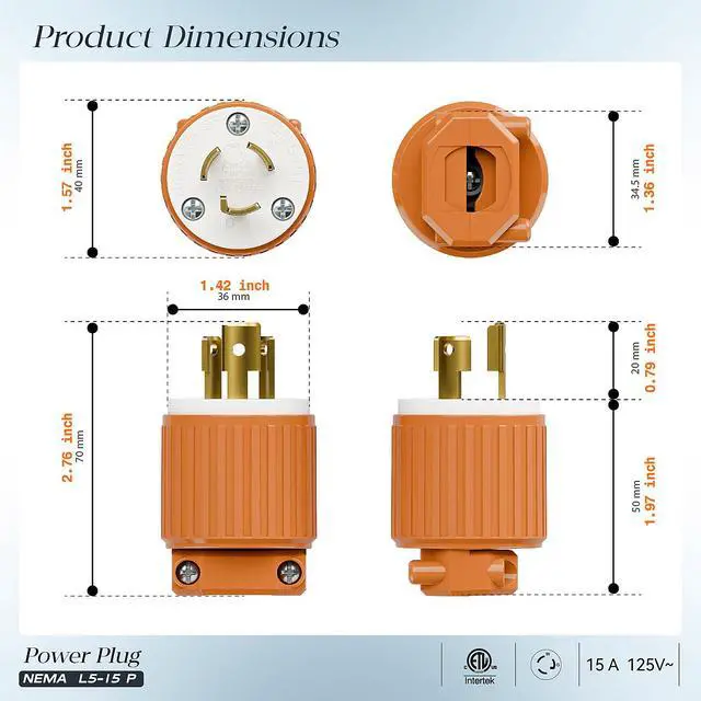 Alt view image 2 of 7 - NEMA L5-15P Locking Plug, Twist Lock Male 15Amp 125Volt Generator Plugs, Industrial Grade Lock in Male 15A/125V Connector, ETL Listed Heavy Duty Plug for Generators Orange Color