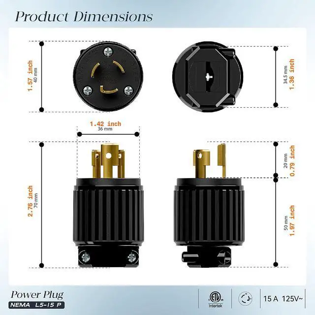 Alt view image 2 of 7 - (2PACK) NEMA L5-15P Locking Plug, Twist Lock Male 15Amp 125Volt Generator Plugs, Industrial Grade Lock in Male 15A/125V Connector, ETL Listed Heavy Duty Plug for Generators Black Color