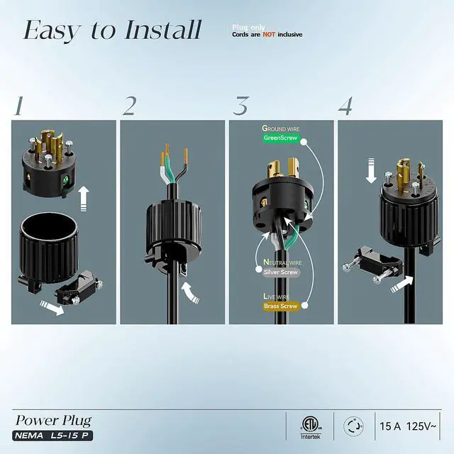 Alt view image 3 of 7 - (2PACK) NEMA L5-15P Locking Plug, Twist Lock Male 15Amp 125Volt Generator Plugs, Industrial Grade Lock in Male 15A/125V Connector, ETL Listed Heavy Duty Plug for Generators Black Color