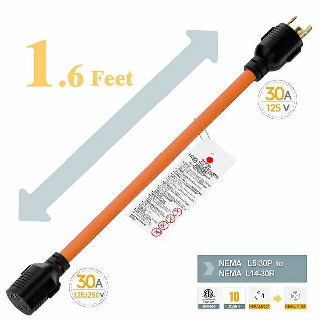 Alt view image 2 of 7 - 1.5FT Nema L5-30P to L14-30R Adapter Cable | 30Amp L5-30 Male Generator to L14-30 Transfer Switch 4-Prong Female Adapter STW 10AWG, 30A Generator 3-Prong to 30A 4-Prong