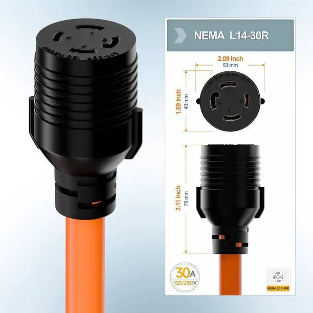 Alt view image 4 of 7 - 1.5FT Nema L5-30P to L14-30R Adapter Cable | 30Amp L5-30 Male Generator to L14-30 Transfer Switch 4-Prong Female Adapter STW 10AWG, 30A Generator 3-Prong to 30A 4-Prong