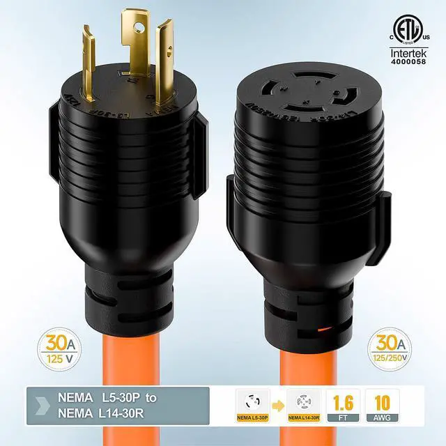 Alt view image 5 of 7 - 1.5FT Nema L5-30P to L14-30R Adapter Cable | 30Amp L5-30 Male Generator to L14-30 Transfer Switch 4-Prong Female Adapter STW 10AWG, 30A Generator 3-Prong to 30A 4-Prong