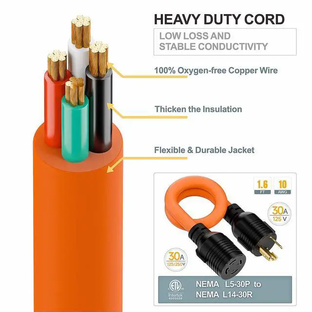 Alt view image 6 of 7 - 1.5FT Nema L5-30P to L14-30R Adapter Cable | 30Amp L5-30 Male Generator to L14-30 Transfer Switch 4-Prong Female Adapter STW 10AWG, 30A Generator 3-Prong to 30A 4-Prong