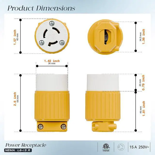 Alt view image 2 of 7 - (2PACK) NEMA L6-15R Locking Plug, (ETL Listed) Cord End Connector, Twist Lock L6-15 15Amp 250Volt Female AC Connector, Industrial Grade 15A 250V Replacement Socket PDL615R Yellow