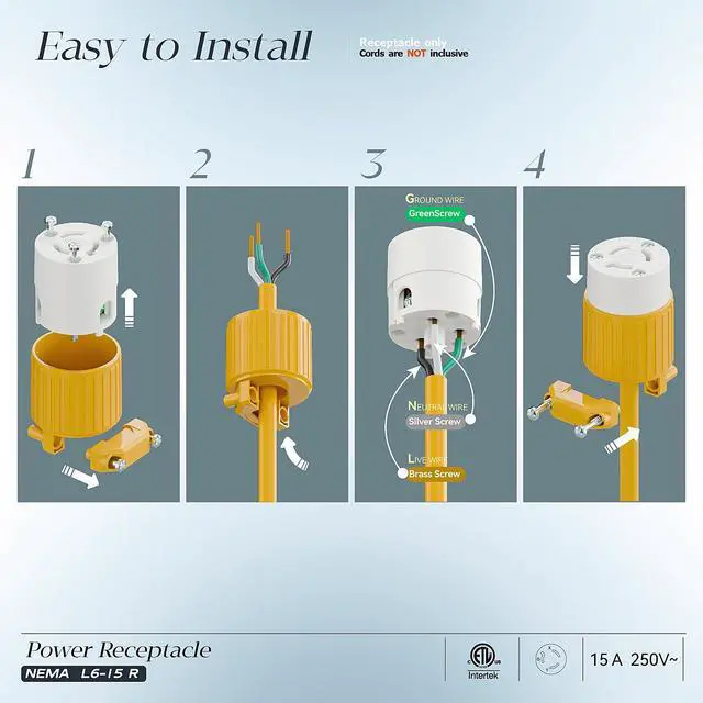 Alt view image 3 of 7 - (2PACK) NEMA L6-15R Locking Plug, (ETL Listed) Cord End Connector, Twist Lock L6-15 15Amp 250Volt Female AC Connector, Industrial Grade 15A 250V Replacement Socket PDL615R Yellow
