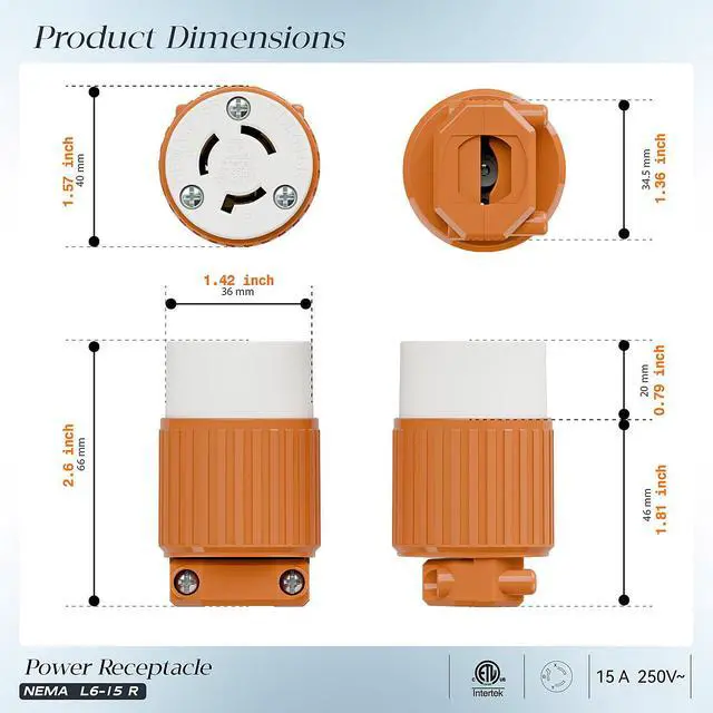 Alt view image 2 of 7 - (2PACK) NEMA L6-15R Locking Plug, (ETL Listed) Cord End Connector, Twist Lock L6-15 15Amp 250Volt Female AC Connector, Industrial Grade 15A 250V Replacement Socket PDL615R Orange