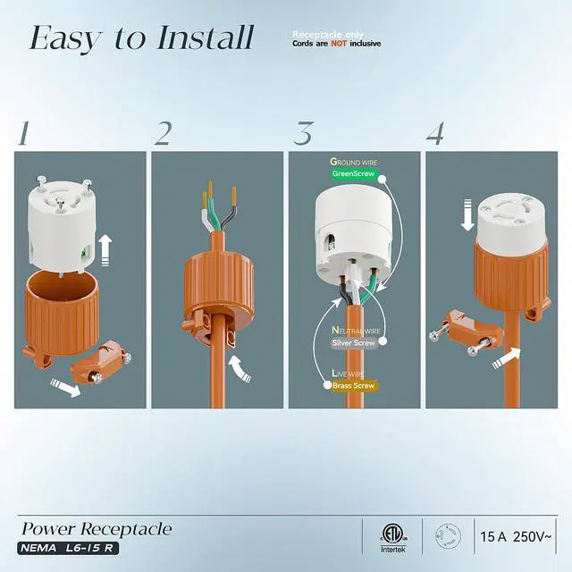 Alt view image 3 of 7 - (2PACK) NEMA L6-15R Locking Plug, (ETL Listed) Cord End Connector, Twist Lock L6-15 15Amp 250Volt Female AC Connector, Industrial Grade 15A 250V Replacement Socket PDL615R Orange