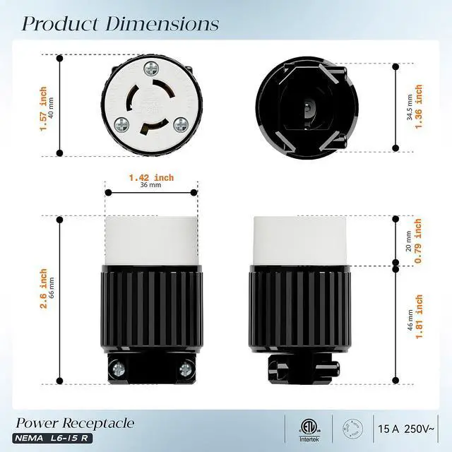 Alt view image 2 of 7 - (2Pack) NEMA L6-15R Locking Plug, (ETL Listed) Cord End Connector, Twist Lock L6-15 15Amp 250Volt Female AC Connector, Industrial Grade 15A 250V Replacement Socket PDL615R Black/White