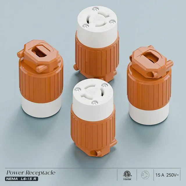 Alt view image 7 of 7 - (2PACK) NEMA L6-15R Locking Plug, (ETL Listed) Cord End Connector, Twist Lock L6-15 15Amp 250Volt Female AC Connector, Industrial Grade 15A 250V Replacement Socket PDL615R Orange
